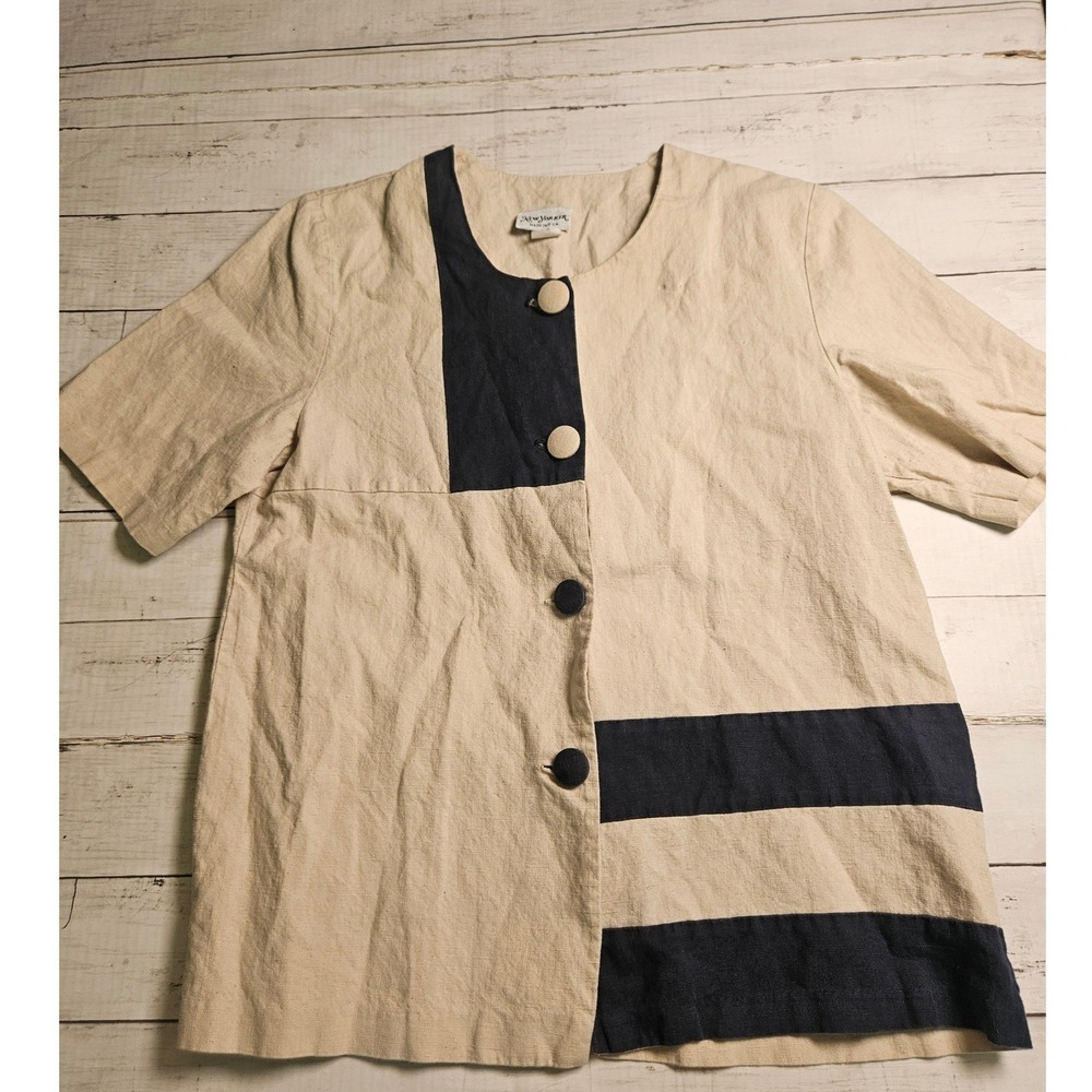 Vintage New Yorker Linen Colorblock Top Beige Navy Blue Made in USA Large